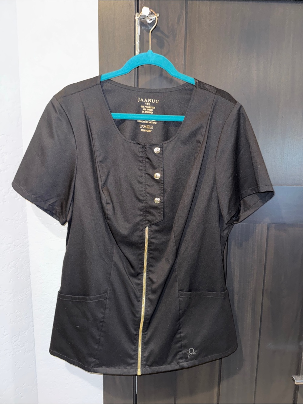 Jaanuu Black Short Sleeve Medical Top with Gold Zip Detail